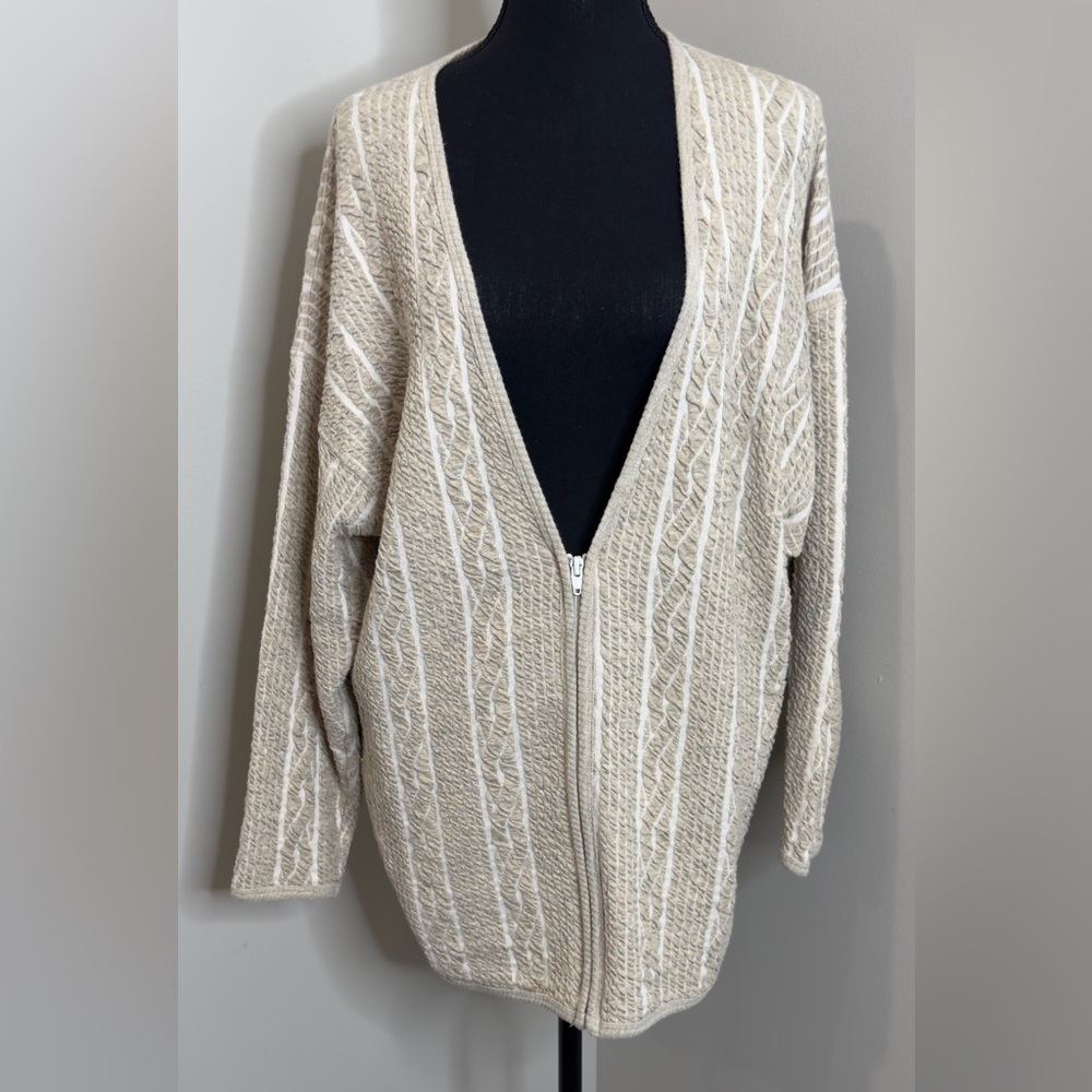 Beige Textured Cable Knit Zip Cardigan Minimalist‎ Cozy Neutral Sweater XL